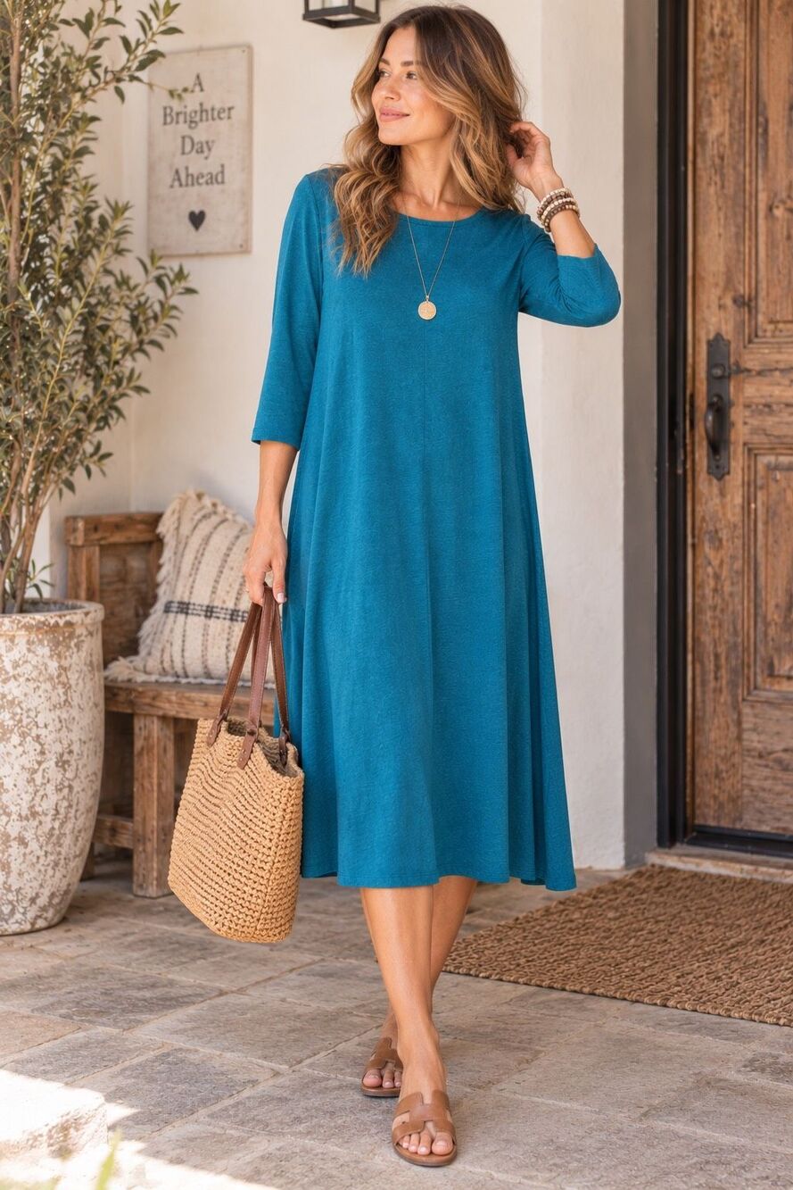 Garnet Hill XL Teal Blue A-Line Midi Dress Stretch 3/4 Sleeve Minimalist Travel